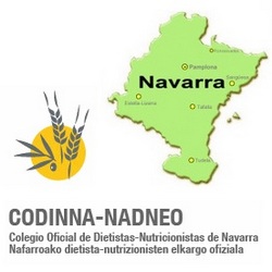 Arriba: Mapa de Navarra. Debajo: Logo CODINNA (Colegio Oficial de Dietistas-Nutricionistas de Navarra)