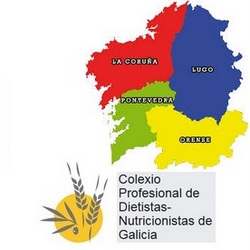 Arriba: Mapa de Galicia. Debajo: Logo CODINUGAL (Colegio Oficial de Dietistas-Nutricionistas de Galicia)