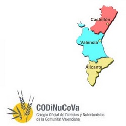 Arriba: Mapa de la Comunidad Valenciana. Debajo: Logo CODiNuCoVa (Colegio Oficial de Dietistas-Nutricionistas de la Comunidad Valenciana)