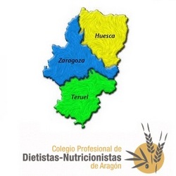 Arriba: Mapa de Aragón. Debajo: Logo CPDNA (Colegio Profesional de Dietistas-Nutricionistas de Aragón)