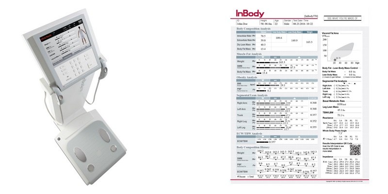 Izda: BIA Inbody770. Drcha: Hoja de resultados de BIA Inbody 770