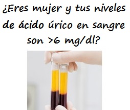 Texto del valor ácido úrico en mujer compatible con la hiperuricemia e imagen de tubo de ensayo c/ sangre